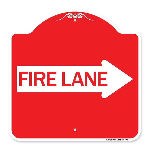 Designer Series Sign-Fire Lane Right Arrow, Red & White Aluminum Sign, 18" x 18", RW-1818-24391